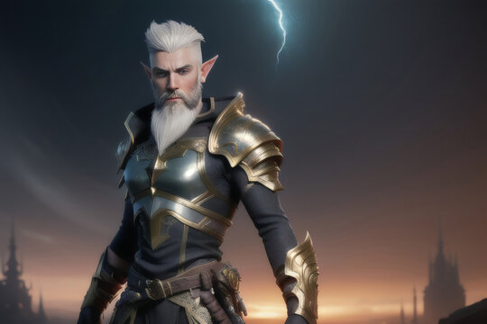 Fantasy Male Elf in Warrior Knght Armor with White Hair and Beard, Lightning in the Dark Sky Generative AI Illustration