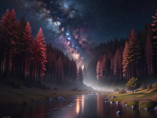 Dark Forest with River and Grassy Shore at night with Bright Milky Way Galaxy  Generative AI illustration