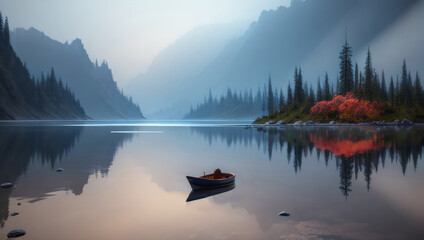 Mountain Lake with Floating Row Boat, Hazy Distance with Forested Shore Line Generative AI illustration