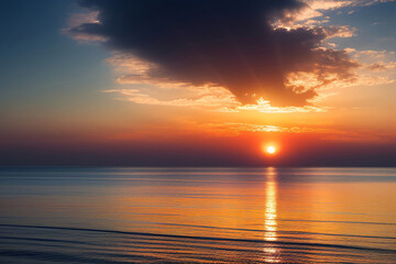 Fototapeta na wymiar Beautiful Dawn Sky with Dark Clouds with Low Sun over Ocean Generative AI Illustration