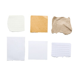 Torn pieces of different paper isolated on white background - obrazy, fototapety, plakaty