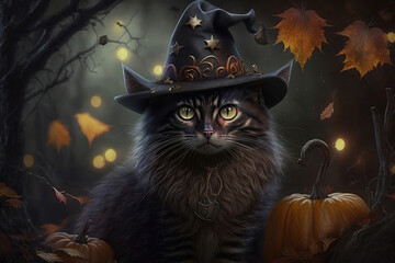 Magic cat wearing witch's hat in a dark mystic forest, Generative AI
