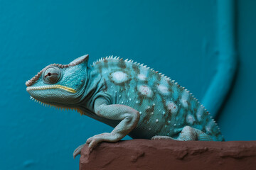 a chameleon on a blue wall