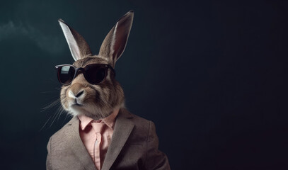 Close-up of a hare wearing suit and sunglasses, Generative AI