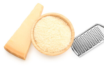 Bowl with tasty Parmesan cheese on white background