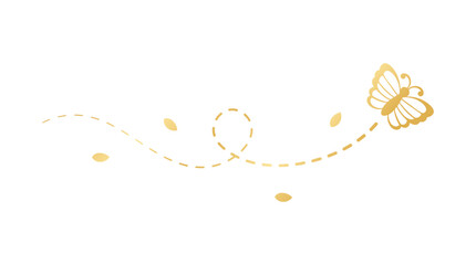 Golden Flying Butterfly with Dotted Line Route. Elegant gold butterflies with open wings trail. Vector design elements for spring and summer.