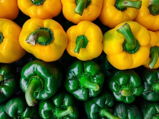 Fresh Green and Yellow Pepper or Paprica Sale on Market. Image of Bunch of Green and Yellow Paprica for Background