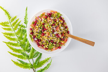Sprouting green gram bean Indian salad with Onion, coriander leaf , green chilli , Pomegranate and tomatoes. Indian sprouting gram bean salad with isolated background, Healthy eating concept.