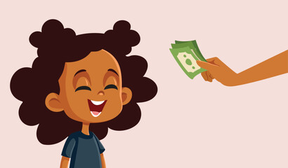 Little Child Receiving Money Allowance from Parent Vector Cartoon. Girl receiving monetary reward for doing chores or homework
