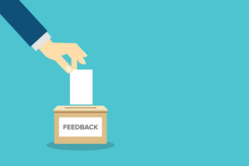 Feedback, feedback box. Hand holding  feedback paper card and. Customer suggestion. Submission of comment, feedback, suggestion in box. Customers review concept.
