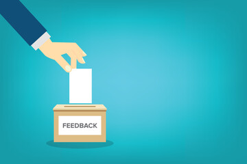 Feedback, feedback box. Hand holding  feedback paper card and. Customer suggestion. Submission of comment, feedback, suggestion in box. Customers review concept.