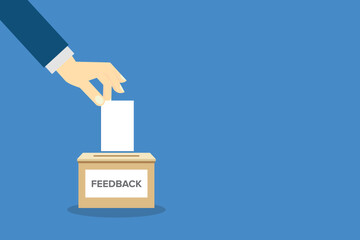Feedback, feedback box. Hand holding  feedback paper card and. Customer suggestion. Submission of comment, feedback, suggestion in box. Customers review concept.