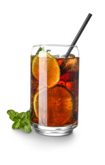 Glass of tasty Cuba Libre cocktail isolated on white background