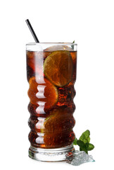 Glass of tasty Cuba Libre cocktail isolated on white background
