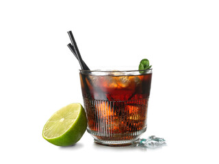 Glass of tasty Cuba Libre cocktail isolated on white background