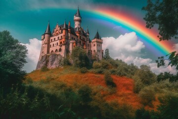 A castle of rainbow colors in a magical world. Generative AI
