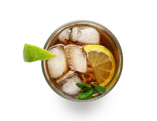 Glass of tasty Cuba Libre cocktail isolated on white background