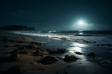 Nighttime beach with moonlit waves crashing. Generative AI