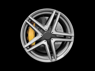Obraz premium Car alloy wheel and tyre isolated on black background. New alloy wheel with tire and yellow carbon ceramic brakes. Alloy rim isolated. Car wheel disc. Car spare parts...