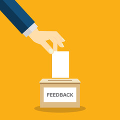 Feedback, feedback box. Hand holding feedback paper card and. Customer suggestion. Submission of comment, feedback, suggestion in box. Customers review concept.