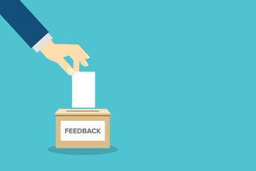 Feedback, feedback box. Hand holding feedback paper card and. Customer suggestion. Submission of comment, feedback, suggestion in box. Customers review concept.