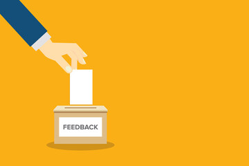 Feedback, feedback box. Hand holding feedback paper card and. Customer suggestion. Submission of comment, feedback, suggestion in box. Customers review concept.