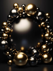 Luxury cover design template background with Elegant black and gold spheres background for music event concert disco, club invitation, festival poster and flyer. with Generative AI