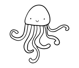 Jellyfish outline doodle illustration. Cute smiling childish jellyfish