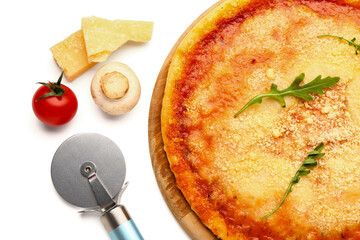 Wooden board of tasty pizza with parmesan cheese, ingredients and cutter on white background