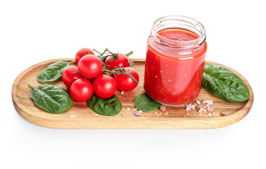 Jar with tasty tomato sauce and fresh vegetables on white background