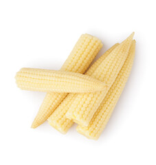 Heap of tasty canned corn cobs on white background