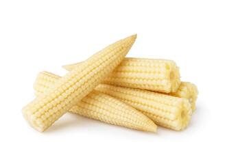 Heap of tasty canned corn cobs on white background