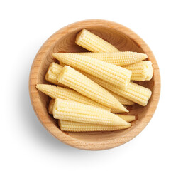 Bowl of tasty canned corn cobs on white background