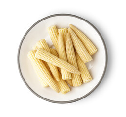 Plate of tasty canned corn cobs on white background