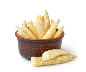 Bowl of tasty canned corn cobs on white background