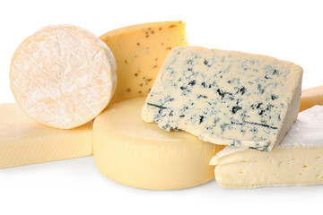 Different types of cheese isolated on white background
