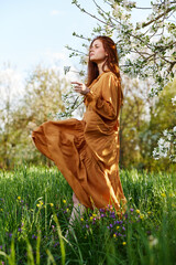Fototapeta premium a happy, slender, sweet woman stands in a long orange dress in the tall grass near a flowering tree and happily smiling throws up the hem of her dress, looking away