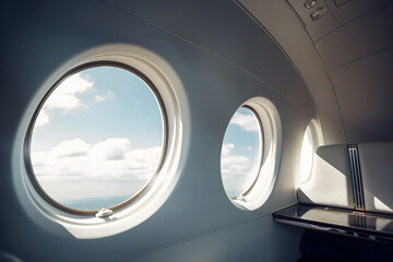 Luxury interior in the modern business jet and sunlight at the window and clouds through the porthole.
Generative AI. 