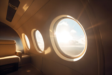 Luxury interior in the modern business jet and sunlight at the window and clouds through the porthole.
Generative AI. 
