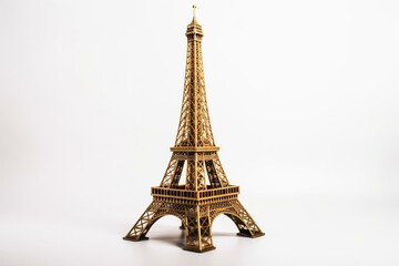 Fototapeta na wymiar Eiffel tower in golden hue on white background. Generative AI