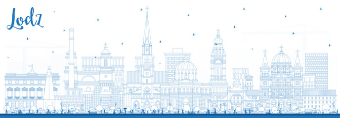 Outline Lodz Poland City Skyline with Blue Buildings. Vector Illustration. Lodz Cityscape with Landmarks. - obrazy, fototapety, plakaty