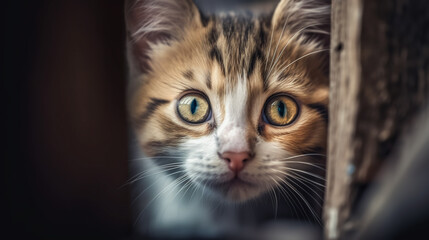 Obraz premium Portrait of cute fluffy kitten. Generative AI. High quality illustration