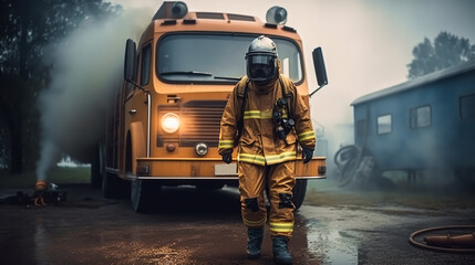 Firefighter in protective suit, helmet and gas mask extinguishing flame against background of fire engine. Dark background with smoke and fire. Generative AI. High quality illustration