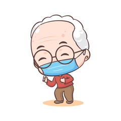 Cute grandfather Cartoon Character. Grandpa sick, coughing and wearing mask. People Concept design. Isolated white background. Vector art illustration