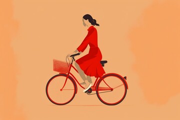 woman riding a bicycle, minimallist illustration of a girl wearing using a red dress driving a bike on an orange background