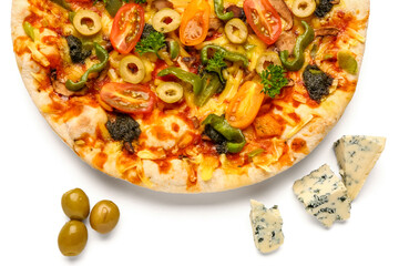 Vegetable pizza with olives and cheese on white background