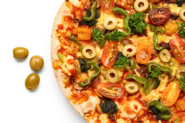 Vegetable pizza with olives on white background