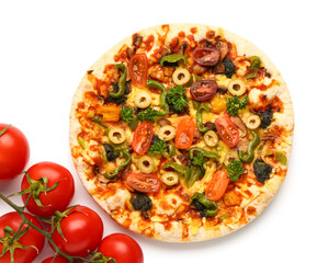 Vegetable pizza with tomatoes on white background
