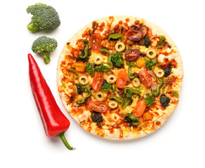 Vegetable pizza with ingredients on white background