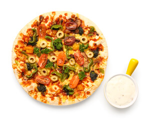 Vegetable pizza with sauce on white background